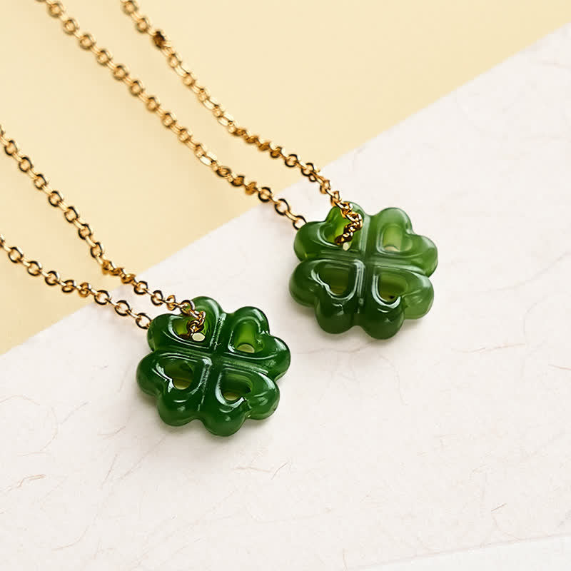 Buddha Stones Handgesneden Ketting met klavertje vier van jade, symbool voor geluk. - image 4