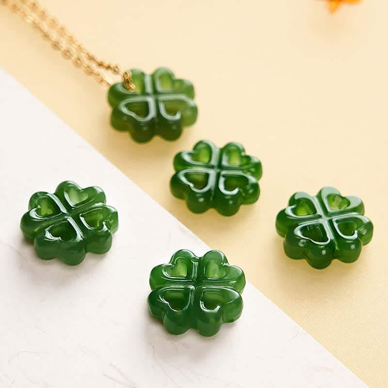 Buddha Stones Handgesneden Ketting met klavertje vier van jade, symbool voor geluk. - image 5