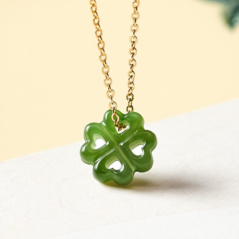 Buddha Stones Handgesneden Ketting met klavertje vier van jade, symbool voor geluk. - 925 Sterling Zilver (Zegen♥Rust) - Natuurlijke jade (kleur kan variëren) - image 0