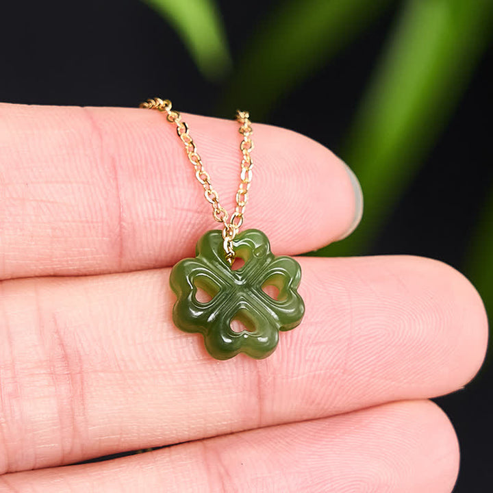Buddha Stones Handgesneden Ketting met klavertje vier van jade, symbool voor geluk. - image 3