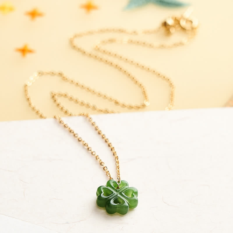 Buddha Stones Handgesneden Ketting met klavertje vier van jade, symbool voor geluk. - image 2