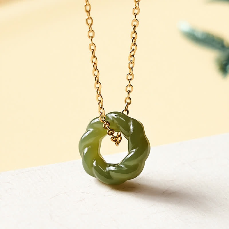 Buddha Stones Handgesneden Hetian jade gefrituurde deegdraaiingen zegen vintage Ketting - 925 Sterling Zilver (Zegen♥Rust) - Natuurlijke jade (kleur kan variëren) - image 0