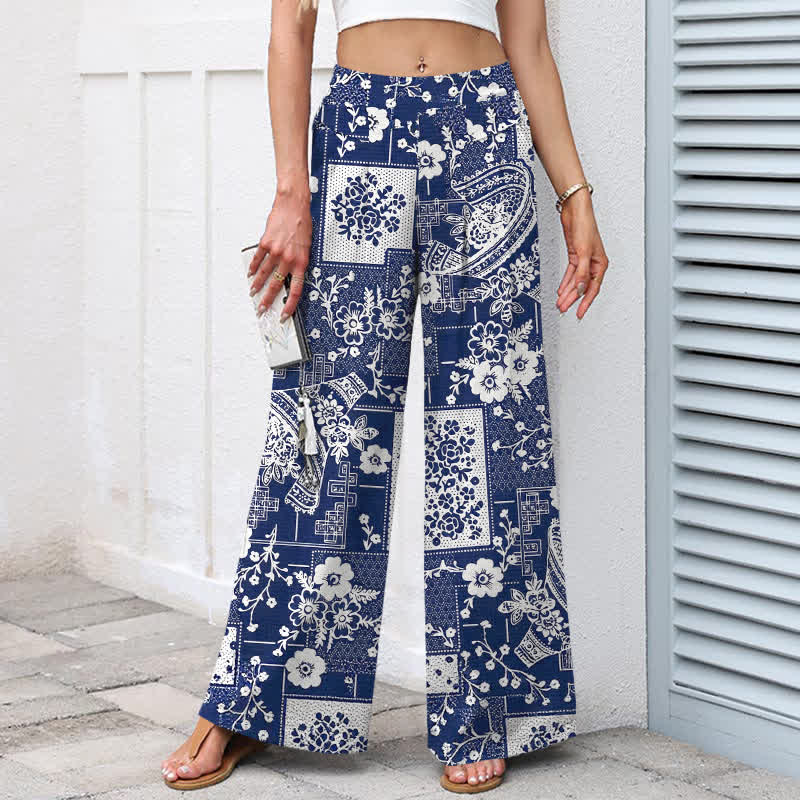 Buddha Stones Vintage damesbroek met elastische Taille, wijde pijpen, gemaakt van katoen en linnen, met een bloemen- en geometrisch patchworkpatroon en Zakken . - image 1
