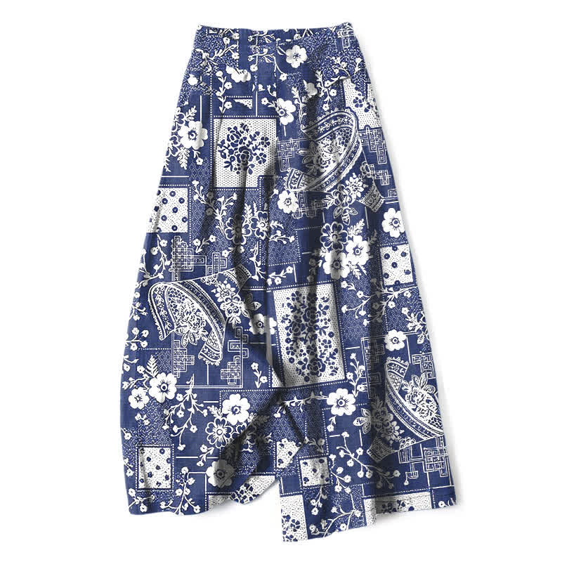 Buddha Stones Vintage damesbroek met elastische Taille, wijde pijpen, gemaakt van katoen en linnen, met een bloemen- en geometrisch patchworkpatroon en Zakken . - Marine - US16, UK/AU20, EU48 (3XL) - image 0