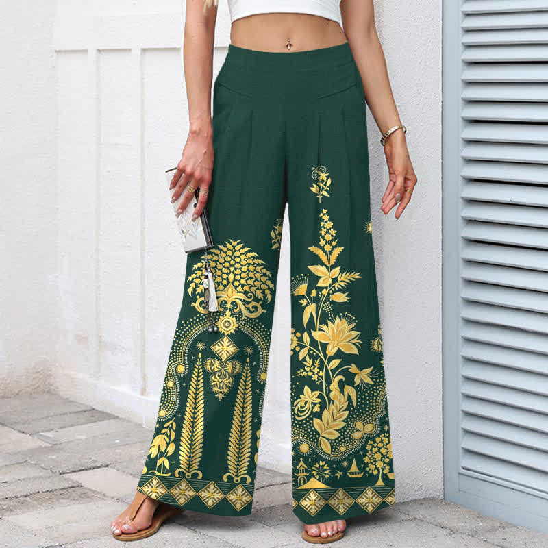 Buddha Stones Damesbroek met elastische Taille, wijde pijpen en Zakken , gemaakt van katoen-linnen in bohemian stijl met een gouden bloemenprint. - image 1