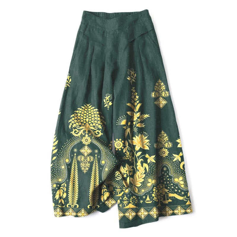 Buddha Stones Damesbroek met elastische Taille, wijde pijpen en Zakken , gemaakt van katoen-linnen in bohemian stijl met een gouden bloemenprint. - Donkergroen - US16, UK/AU20, EU48 (3XL) - image 0