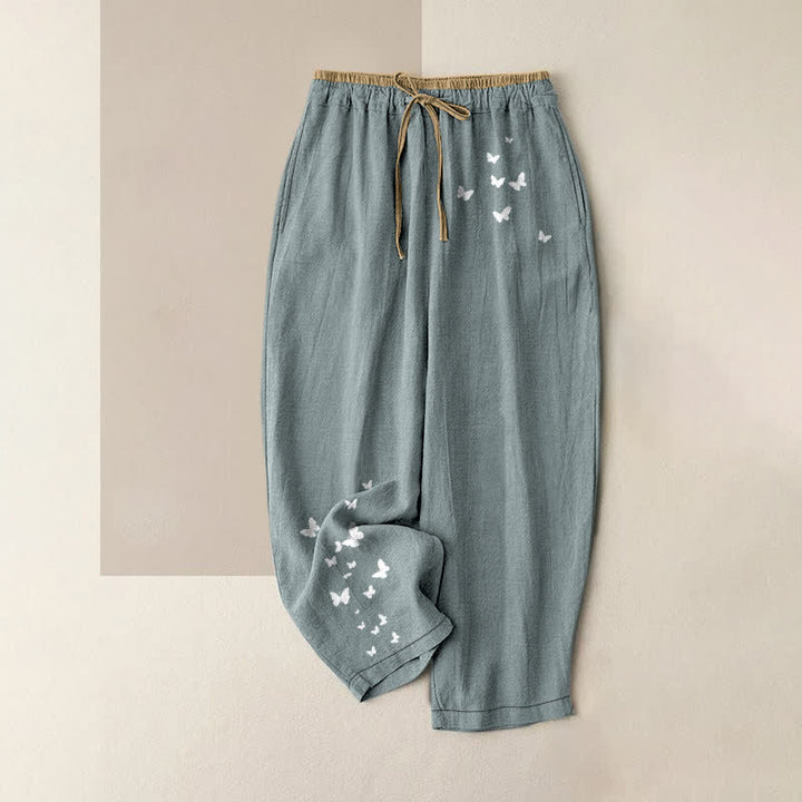 Buddha Stones Witte damesbroek van 100% Cotton met vlinderprint, elastische Taille en Zakken. - Lichtblauw - US16, UK/AU20, EU48 (3XL) - image 0