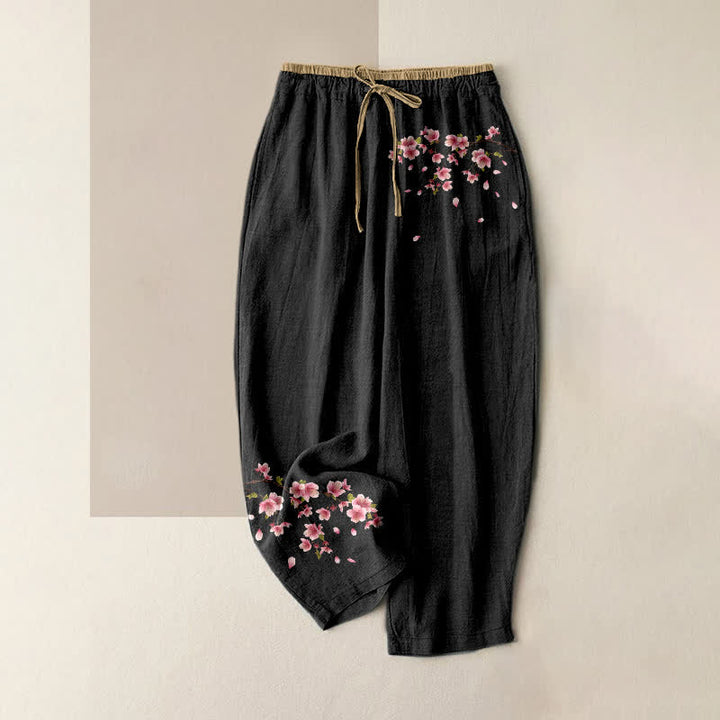 Buddha Stones Damesbroek van 100% Cotton met roze bloesemprint, elastische Taille en Zakken. - Zwart - US16, UK/AU20, EU48 (3XL) - image 0