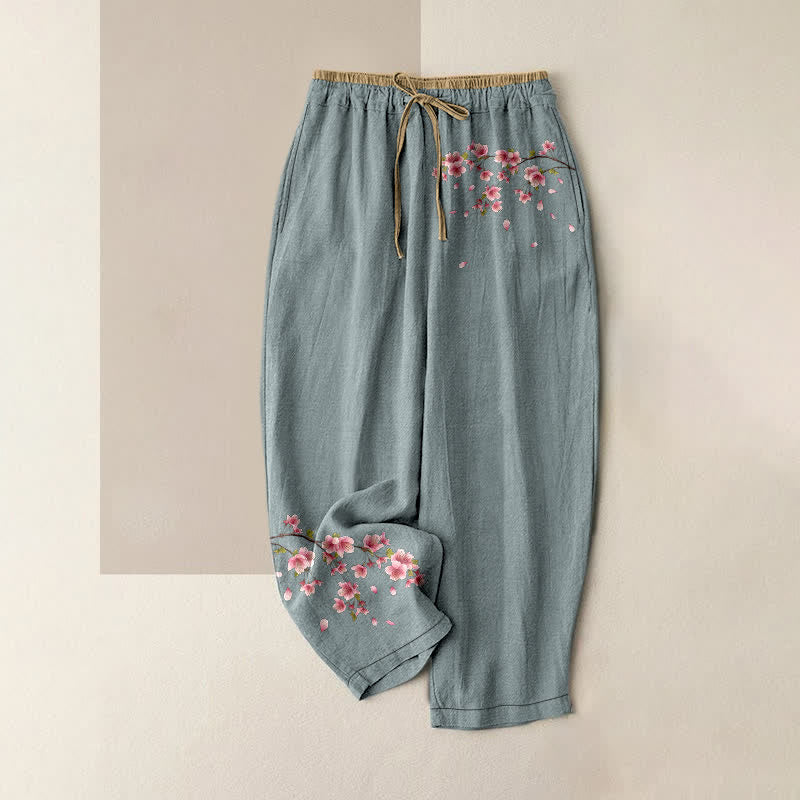 Buddha Stones Damesbroek van 100% Cotton met roze bloesemprint, elastische Taille en Zakken. - Lichtblauw - US16, UK/AU20, EU48 (3XL) - image 4
