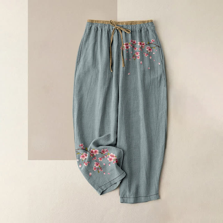 Buddha Stones Damesbroek van 100% Cotton met roze bloesemprint, elastische Taille en Zakken. - Lichtblauw - US16, UK/AU20, EU48 (3XL) - image 4