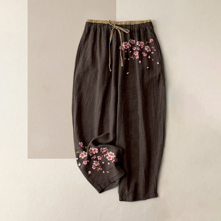 Buddha Stones Damesbroek van 100% Cotton met roze bloesemprint, elastische Taille en Zakken. - Zadelbruin - US16, UK/AU20, EU48 (3XL) - image 8
