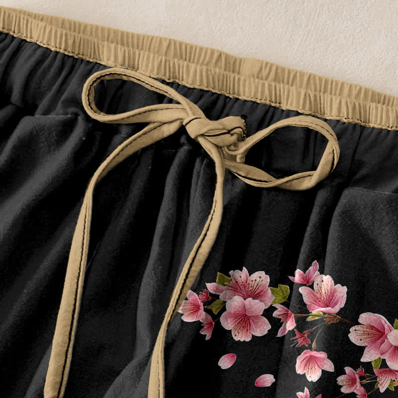 Buddha Stones Damesbroek van 100% Cotton met roze bloesemprint, elastische Taille en Zakken. - image 1