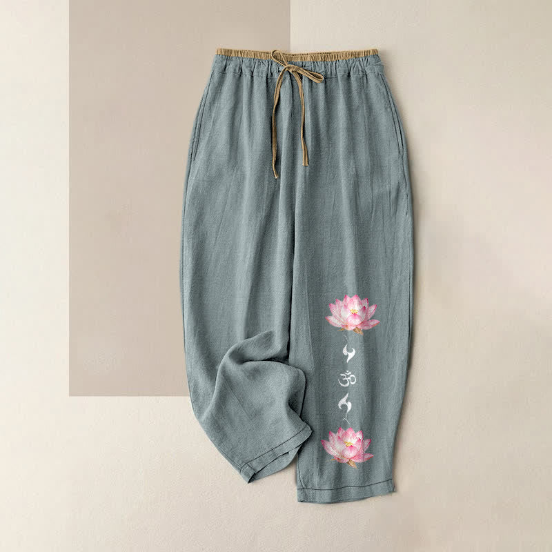 Buddha Stones 100% Cotton damesbroek met elastische Taille en Zakken , met OM Zen-patroon en lotusmotief. - Lichtblauw - US16, UK/AU20, EU48 (3XL) - image 0
