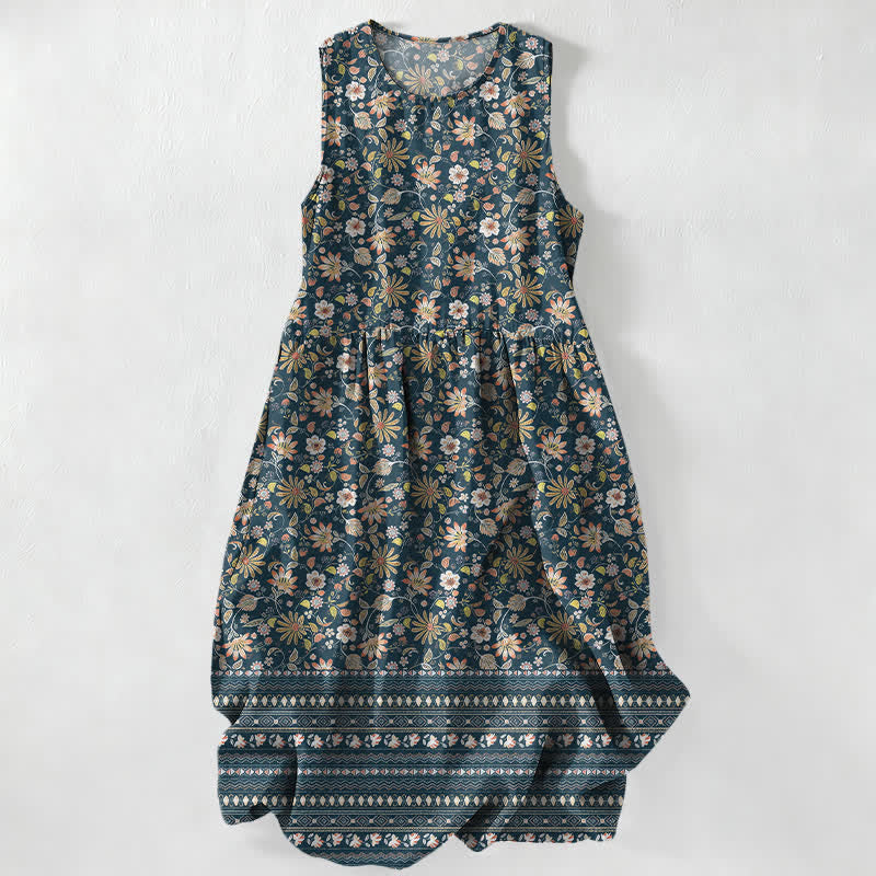 Buddha Stones Zomerse casual vintage Midi voor dames met bloemen-, blader- en Mouwloos en met Zakken. - Staalblauw - US16, UK/AU20, EU48 (3XL) - image 0