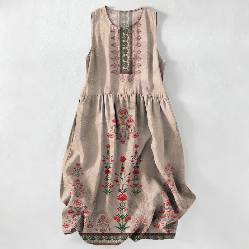 Buddha Stones Zomerse casual vintage geometrische Midi -jurk voor dames met kleine rode bloemenprint, Mouwloos en met Zakken. - Bruinen - US16, UK/AU20, EU48 (3XL) - image 0