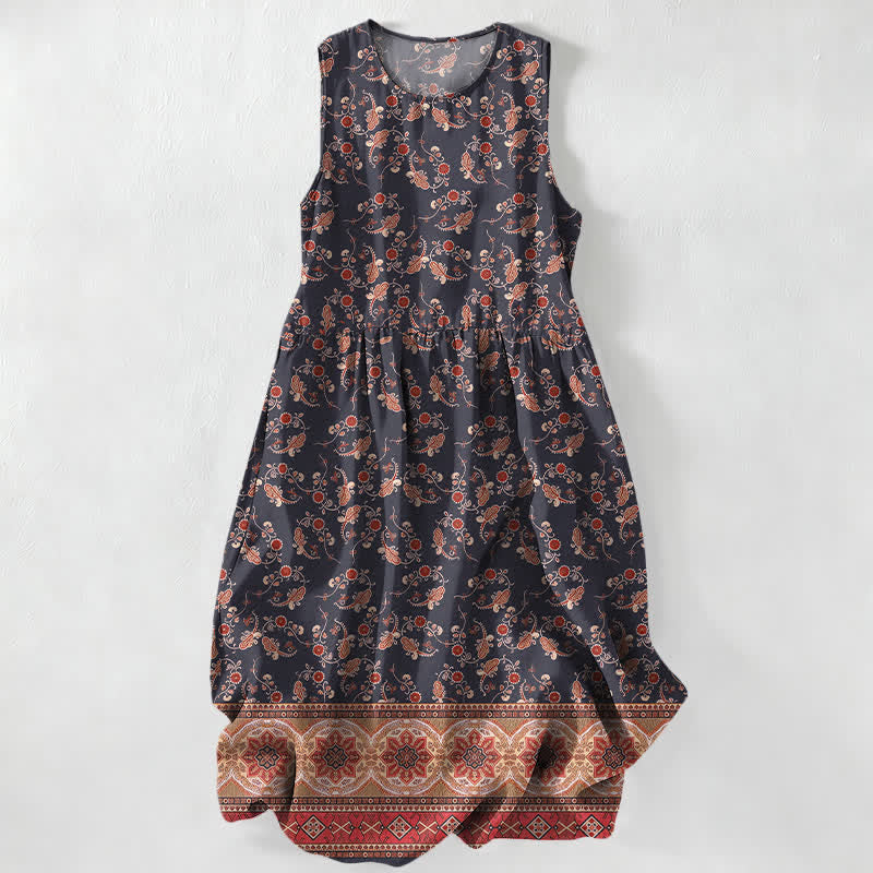 Buddha Stones Zomerse casual vintage Midi voor dames met bloemenrand , Mouwloos en met Zakken. - Zwart - US16, UK/AU20, EU48 (3XL) - image 0