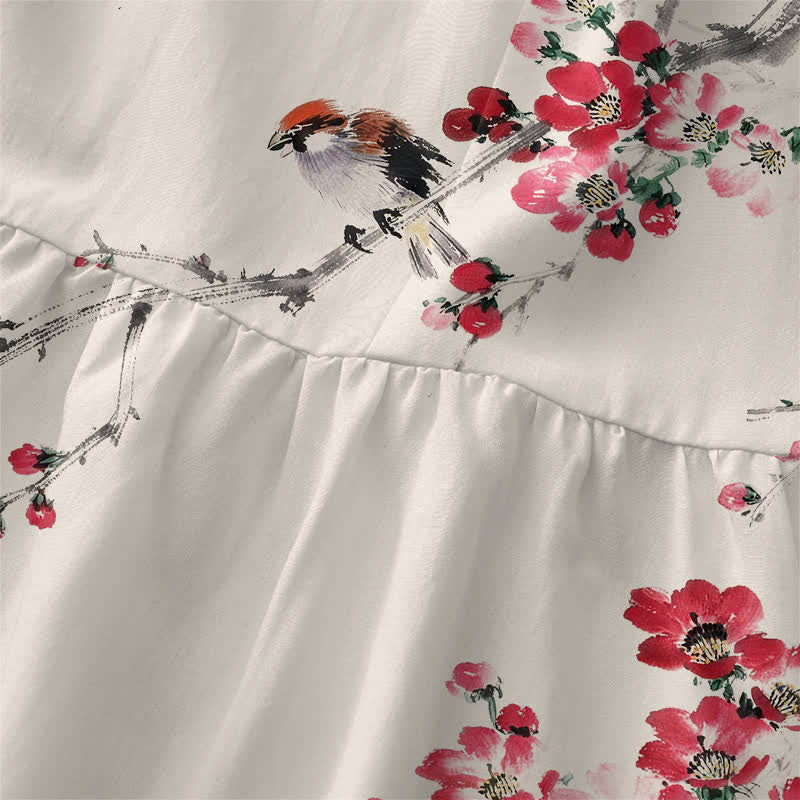 Buddha Stones Zomerse casual Mouwloos Midi -jurk voor dames met Zakken en print van roze bloesemtakken. - image 1