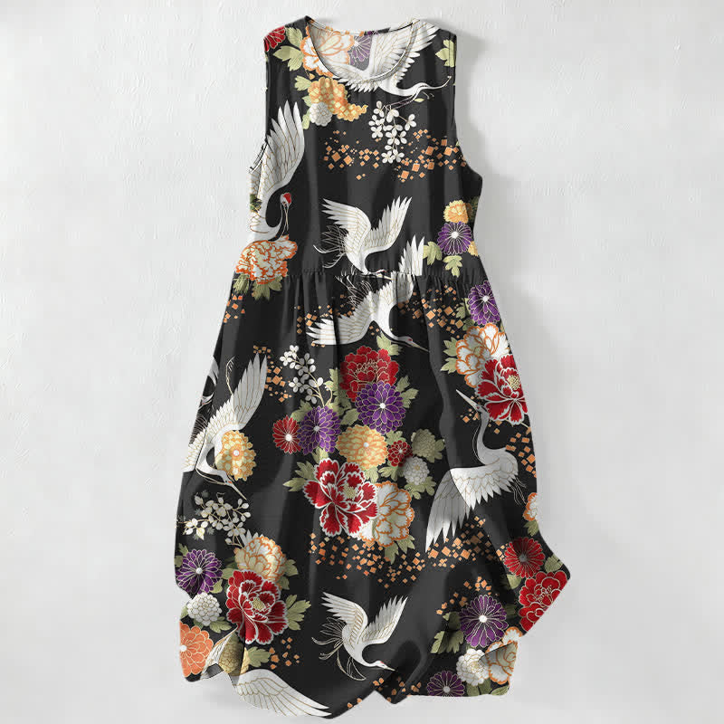 Buddha Stones Zomerse casual vintage Midi -jurk voor dames met kraanvogel- en bloemenpatroon, Mouwloos en met Zakken. - Zwart - US16, UK/AU20, EU48 (3XL) - image 0