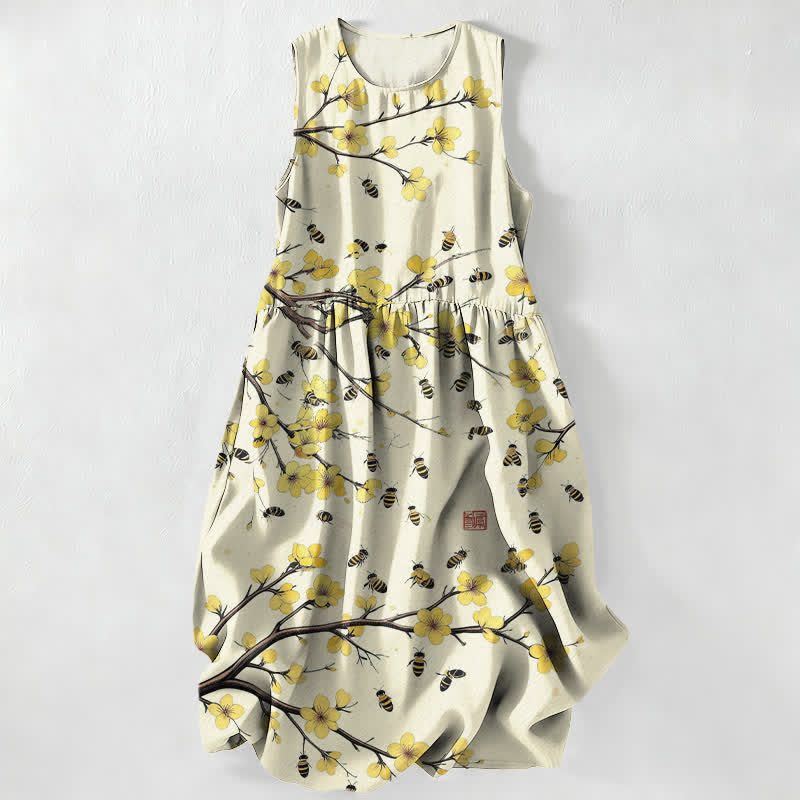 Buddha Stones Zomerse casual gele Mouwloos Midi -jurk voor dames met bloemen- en takkenpatroon en Zakken - Beige - US16, UK/AU20, EU48 (3XL) - image 0