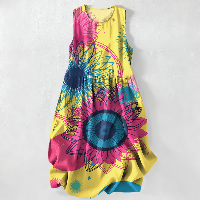 Buddha Stones Zomerse, casual, stralende , Mouwloos Midi -jurk voor dames met grote zonnebloemen en Zakken . - Geel - US16, UK/AU20, EU48 (3XL) - image 0
