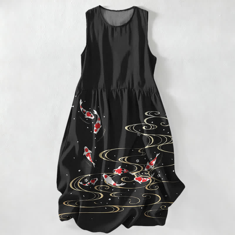 Buddha Stones Zomerse casual Mouwloos Midi -jurk voor dames met koi-visprint en Zakken. - Zwart - US16, UK/AU20, EU48 (3XL) - image 0