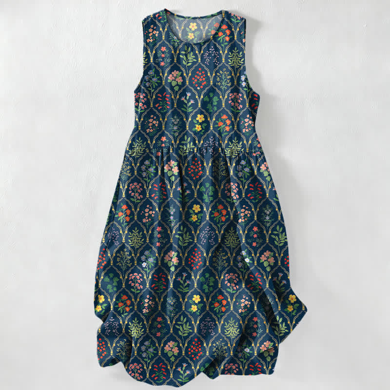 Buddha Stones Zomerse casual Midi voor dames met diverse kleurrijke bloemenranken, Mouwloos en met Zakken. - Middernachtblauw - US16, UK/AU20, EU48 (3XL) - image 0