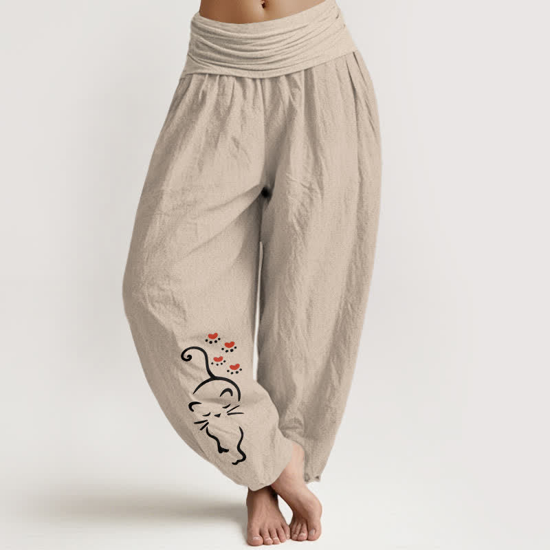 Buddha Stones Harembroek voor dames met elastische Taille , 100% Cotton met een cartoonpatroon van kattenstrepen. - Bruinen - US16, UK/AU20, EU48 (3XL) - image 0