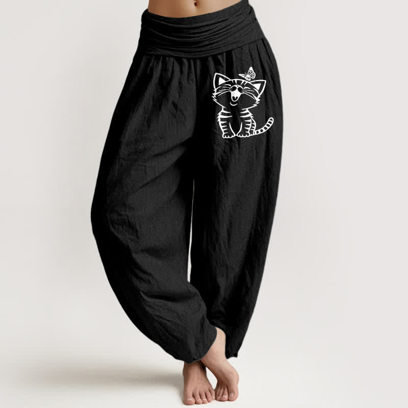 Buddha Stones Harembroek voor dames met elastische Taille en katten- en vlinderprint van 100% Cotton - Zwart - US16, UK/AU20, EU48 (3XL) - image 5