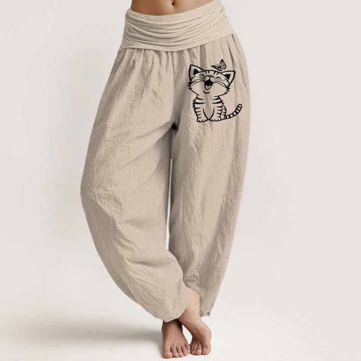 Buddha Stones Harembroek voor dames met elastische Taille en katten- en vlinderprint van 100% Cotton - Bruinen - US16, UK/AU20, EU48 (3XL) - image 14