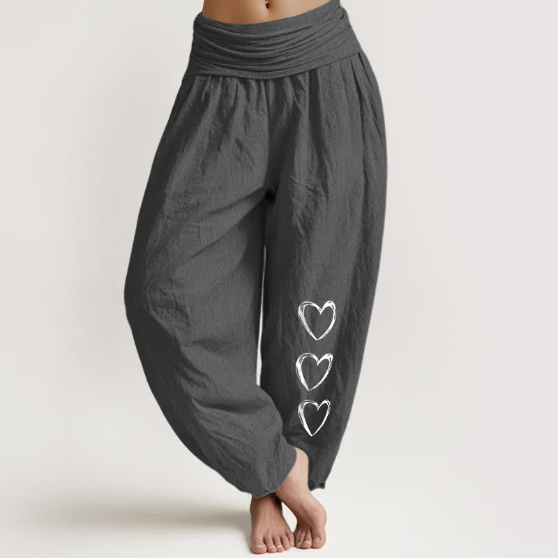 Buddha Stones Harembroek voor dames met elastische Taille en drie hartjespatroon van 100% Cotton - Donkergrijs - US16, UK/AU20, EU48 (3XL) - image 8