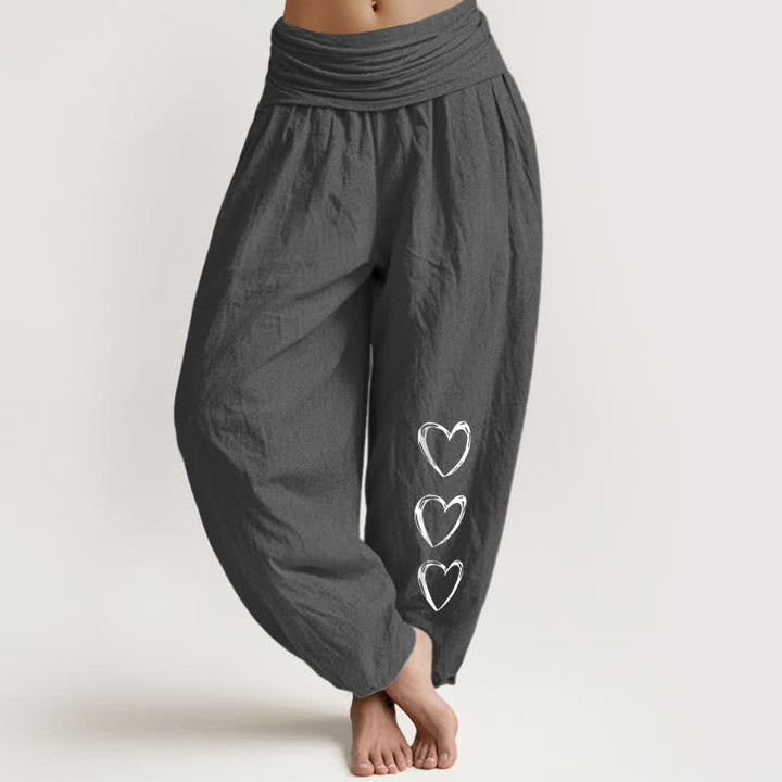 Buddha Stones Harembroek voor dames met elastische Taille en drie hartjespatroon van 100% Cotton - Donkergrijs - US16, UK/AU20, EU48 (3XL) - image 8