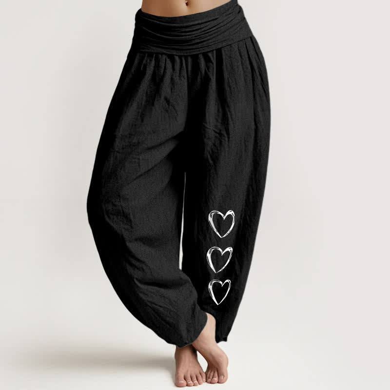 Buddha Stones Harembroek voor dames met elastische Taille en drie hartjespatroon van 100% Cotton - Zwart - US16, UK/AU20, EU48 (3XL) - image 0