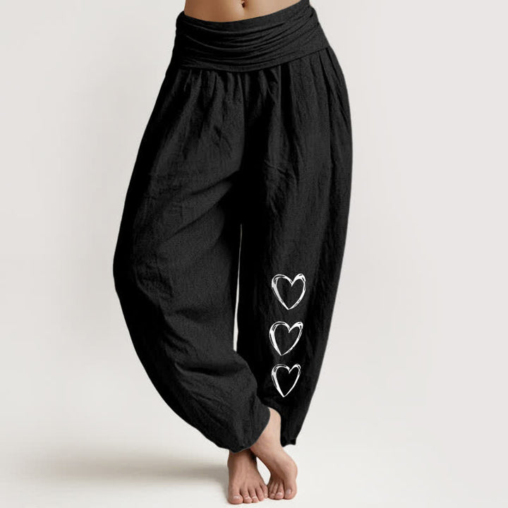 Buddha Stones Harembroek voor dames met elastische Taille en drie hartjespatroon van 100% Cotton - Zwart - US16, UK/AU20, EU48 (3XL) - image 0