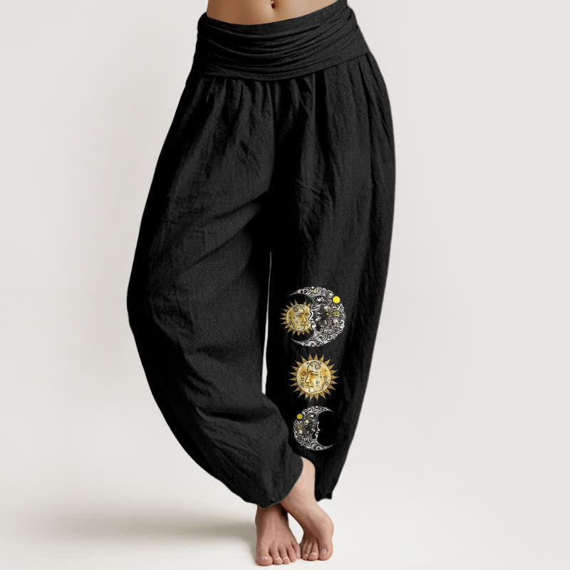 Buddha Stones Harembroek voor dames met elastische Taille en zon- en maanpatroon van 100% Cotton - Zwart - US16, UK/AU20, EU48 (3XL) - image 0