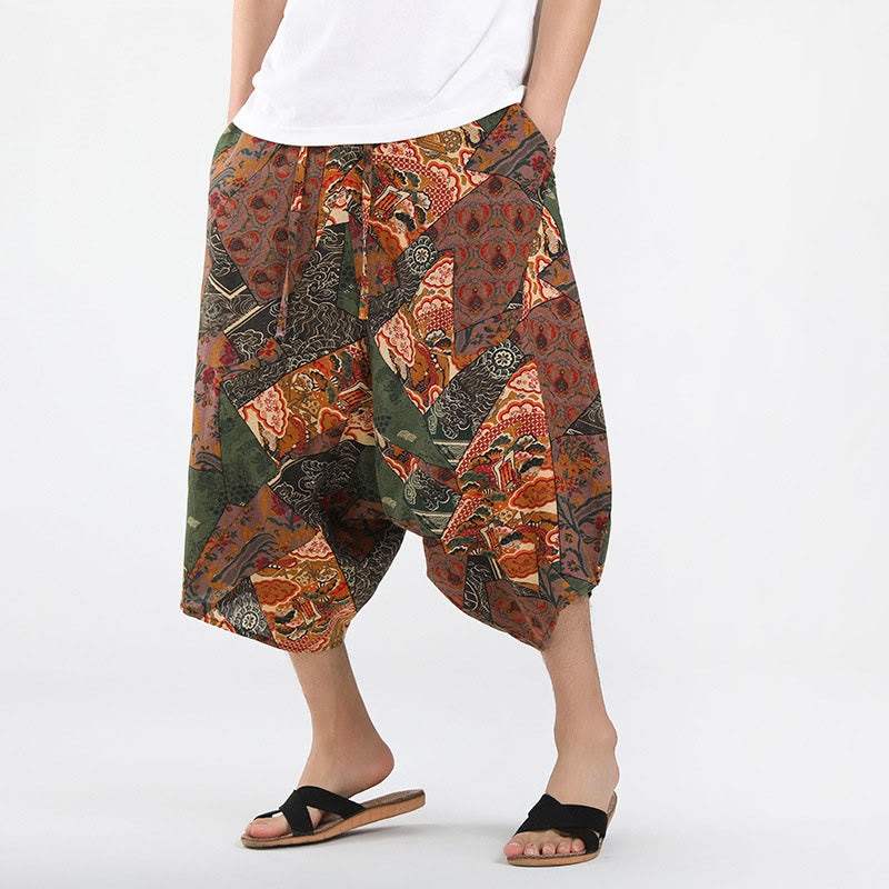 Buddha Stones Zomerse boho casual capri broek met trekkoord en abstracte geometrische print, heren harembroek met zakken - Peru - US/UK/AU46, EU56 (5XL) - image 0