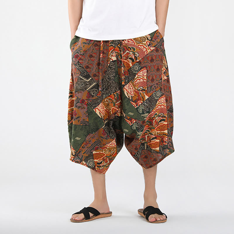 Buddha Stones Zomerse boho casual capri broek met trekkoord en abstracte geometrische print, heren harembroek met zakken - image 1