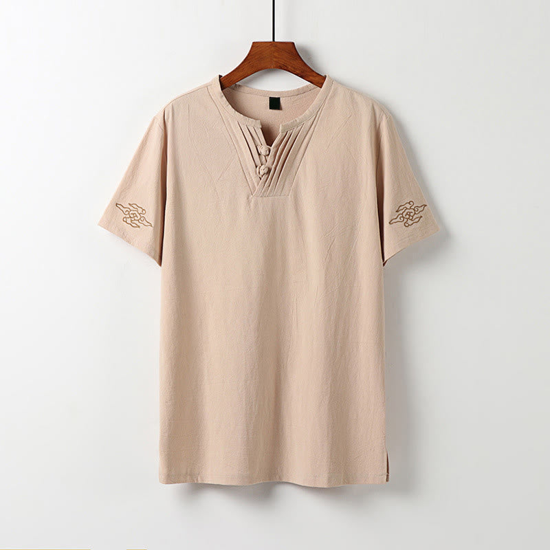 Buddha Stones Zomerse Tang-stijl T-shirt met kikkerknopen en geborduurde gelukbrengende wolken, effen Overhemden met Korte mouw - Tarwe - US/UK/AU54, EU64 (9XL) - image 0