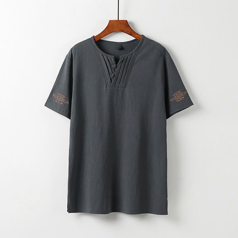 Buddha Stones Zomerse Tang-stijl T-shirt met kikkerknopen en geborduurde gelukbrengende wolken, effen Overhemden met Korte mouw - Donkergrijs - US/UK/AU54, EU64 (9XL) - image 1
