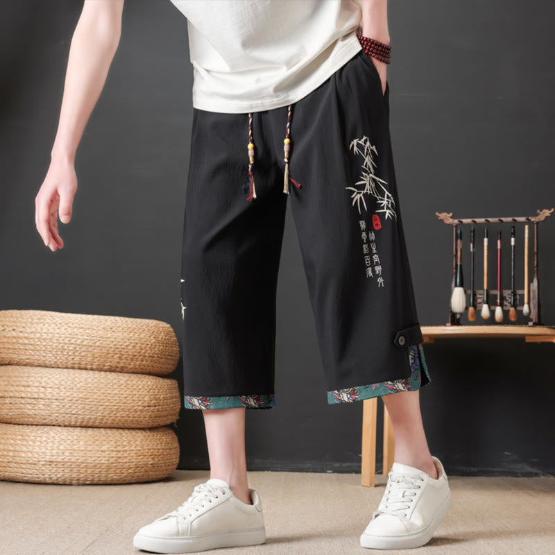 Buddha Stones Zomerse Tang-stijl casual korte broek met trekkoord en bamboeprint, rechte pijpen voor heren met zak - Zwart - US/UK/AU46, EU56 (4XL) - image 0