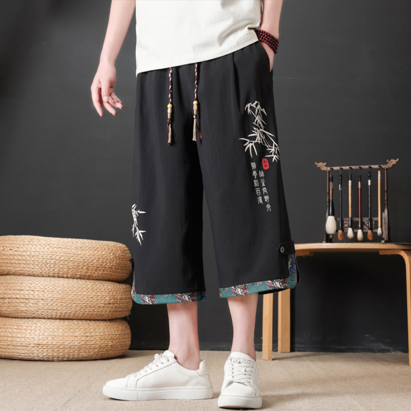 Buddha Stones Zomerse Tang-stijl casual korte broek met trekkoord en bamboeprint, rechte pijpen voor heren met zak - image 1