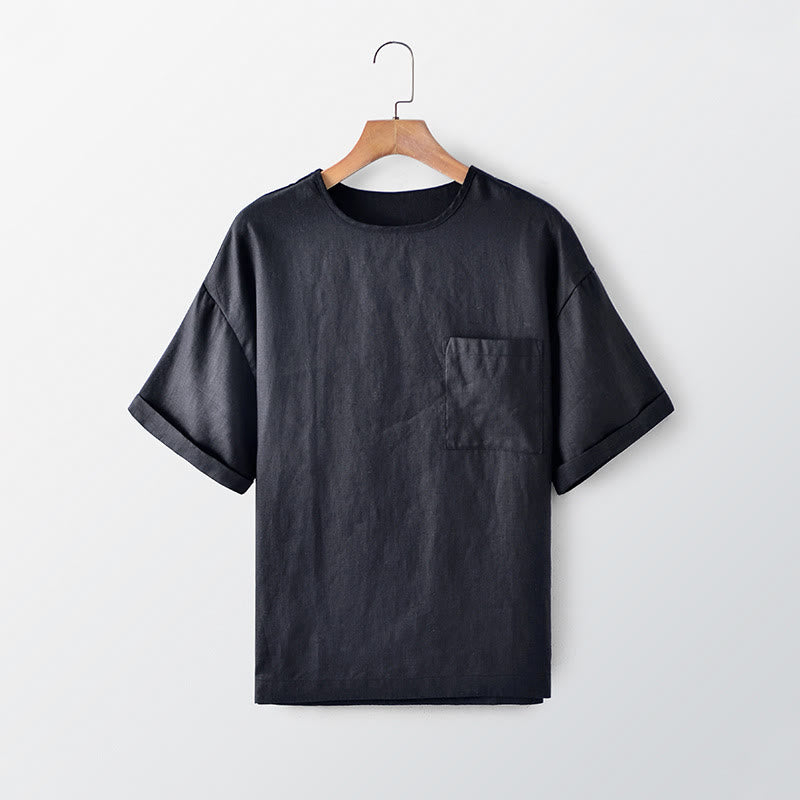Buddha Stones Zomerse, casual, minimalistische, Ronde hals T-shirts met Korte mouw voor heren, met opgestikte zak. - Zwart - US/UK/AU44, EU54 (3XL) - image 0