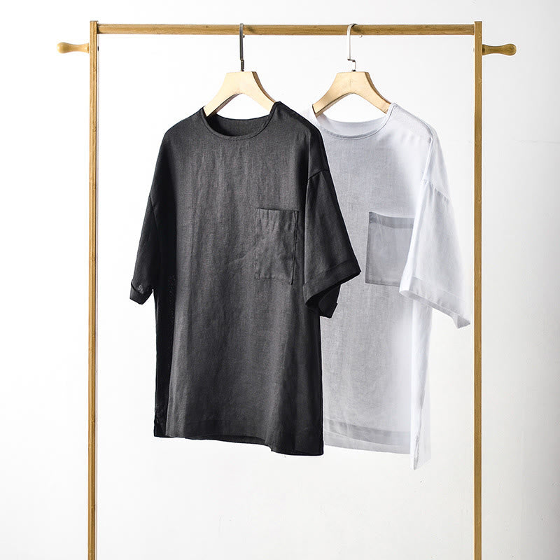 Buddha Stones Zomerse, casual, minimalistische, Ronde hals T-shirts met Korte mouw voor heren, met opgestikte zak. - image 1