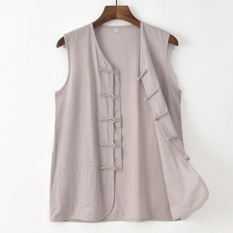 Buddha Stones Zomerse Tang-stijl casual tanktop met kikkerknopen, effen kleur, Mouwloos Overhemden voor heren met zak - Lichtgrijs - US/UK/AU48, EU58 (4XL) - image 1