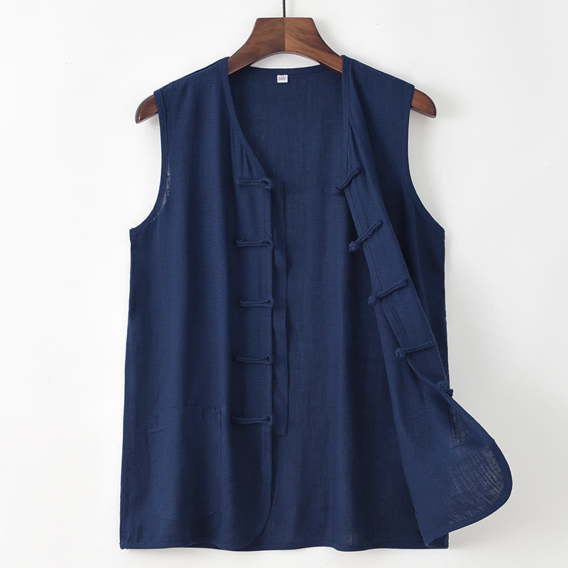 Buddha Stones Zomerse Tang-stijl casual tanktop met kikkerknopen, effen kleur, Mouwloos Overhemden voor heren met zak - Marine - US/UK/AU48, EU58 (4XL) - image 0