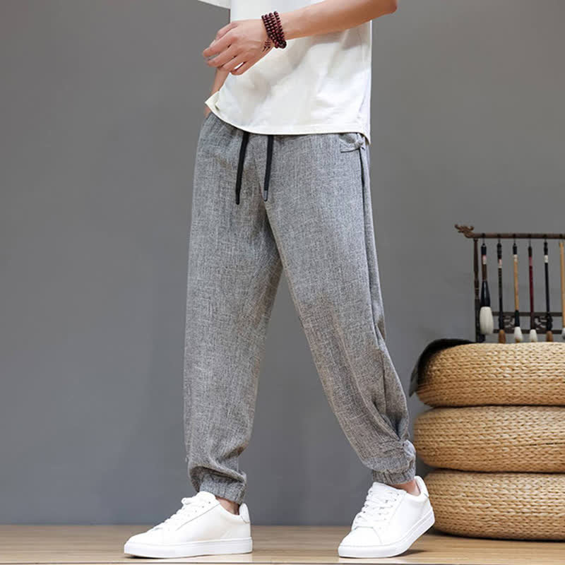 Buddha Stones Lente/Zomer Casual Minimalistische Broek met Trekkoord en Elastische Taille , Effen Cropped Broek, Taps toelopende Broek voor Heren met Zak - image 1