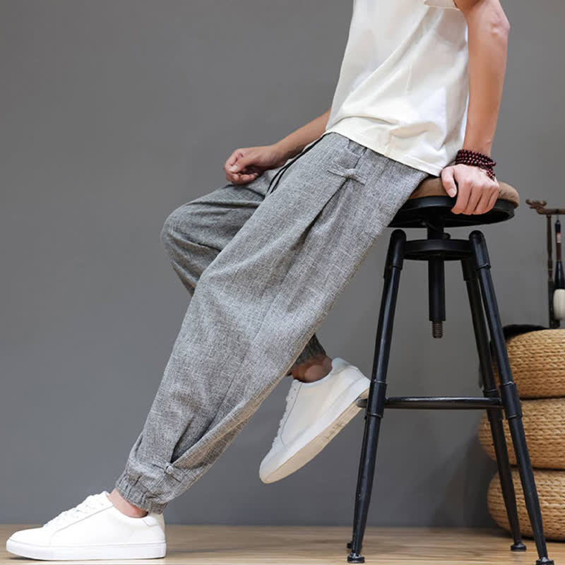 Buddha Stones Lente/Zomer Casual Minimalistische Broek met Trekkoord en Elastische Taille , Effen Cropped Broek, Taps toelopende Broek voor Heren met Zak - Donkergrijs - US/UK/AU46, EU56 (5XL) - image 0