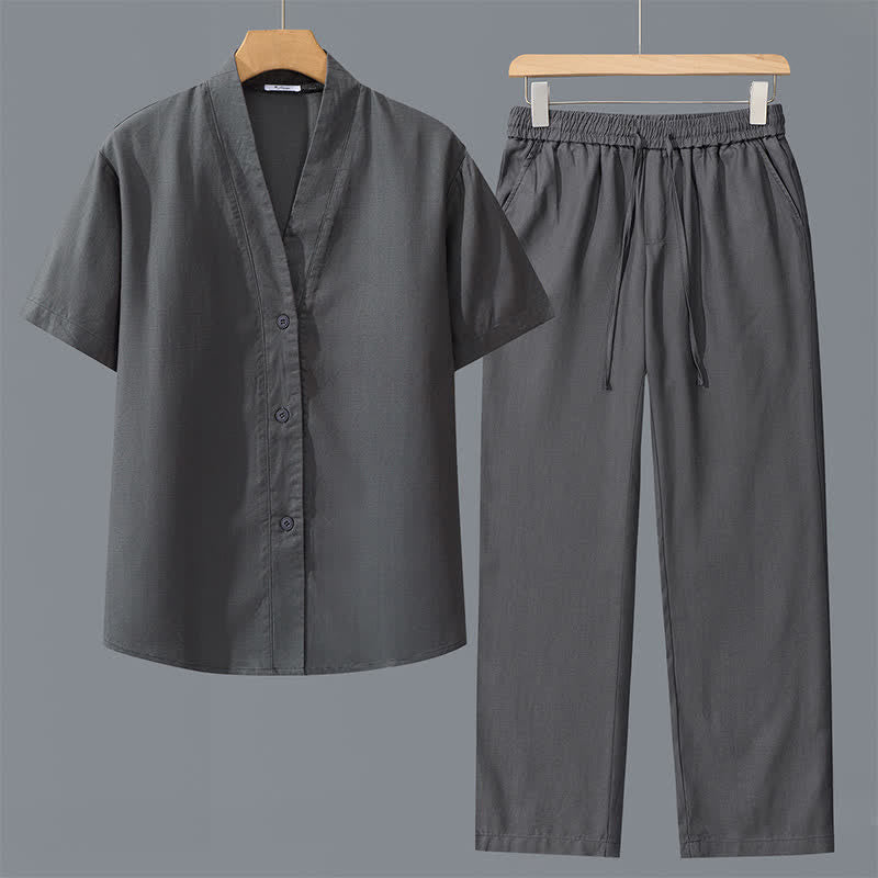 Buddha Stones 2-delige lente/zomer casual minimalistische blouse met knoopsluiting en trekkoord, effen herenkleding, meditatiestof met Zakken - Donkergrijs shirt + donkergrijze broek - US/UK/AU42, EU52 (3XL) - image 0