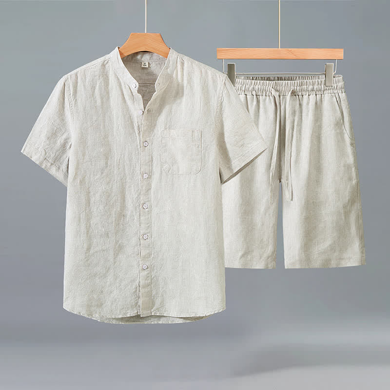 Buddha Stones 2-delige zomerse casual Tang-stijl overhemd met knoopsluiting, Korte mouw , effen linnen, heren meditatiekleding met zak - Beige shirt + beige broek - US/UK/AU42, EU52 (3XL) - image 0
