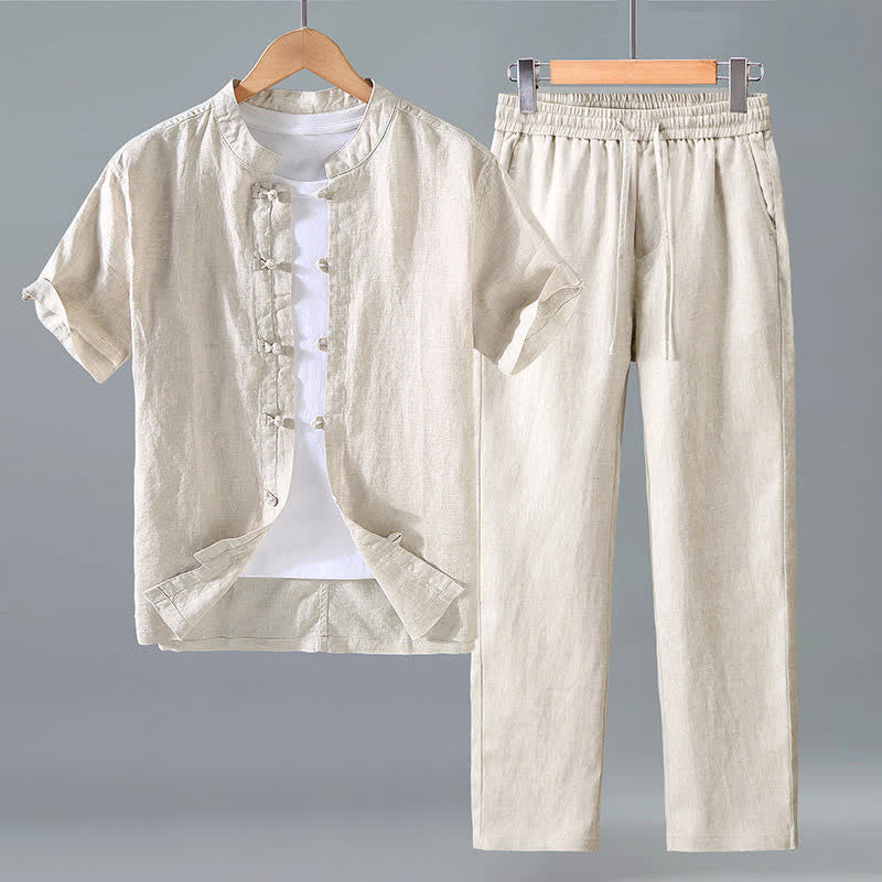Buddha Stones 2-delige zomerse meditatiekleding in Tang-stijl met kikkerknopen, shirt met Korte mouw en broek, effen linnen, voor heren. - Linnen - US/UK/AU42, EU52 (3XL) - image 0
