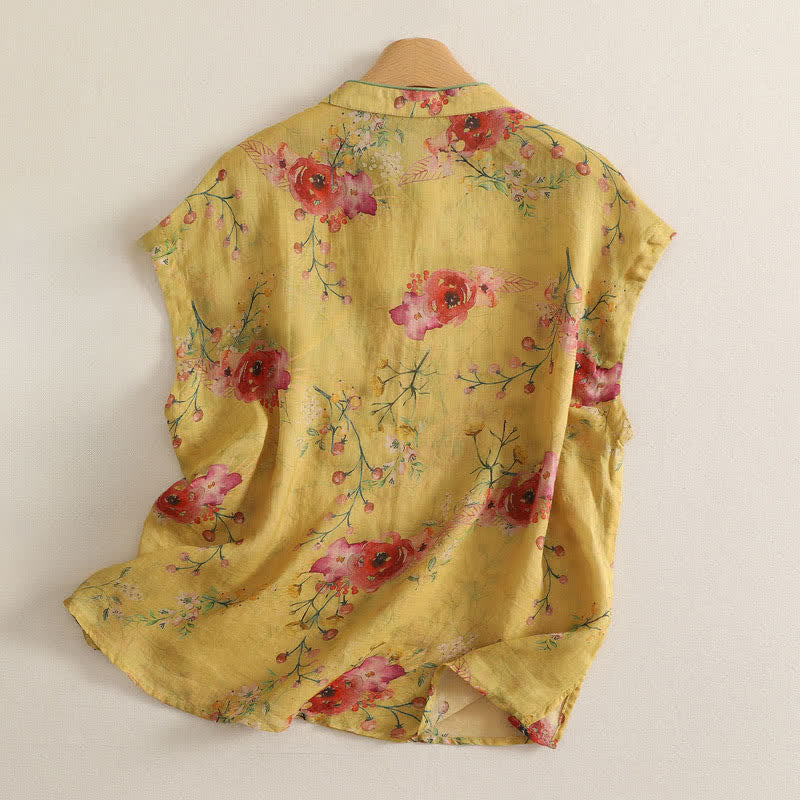 Buddha Stones Zomerse vintage Tang-stijl tanktop met kikkerknopen en rode bloemenprint, Mouwloos Overhemden - image 1
